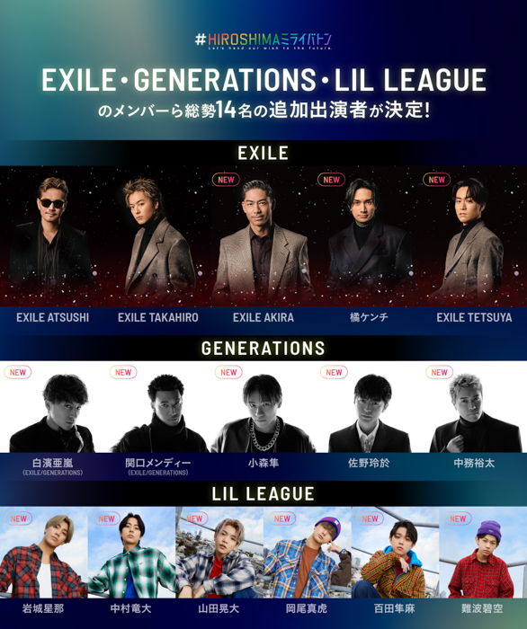 EXILE・GENERATIONS・LIL LEAGUEのメンバーらが5月4日開催「#HIROSHIMAミライバトン」に追加出演決定！