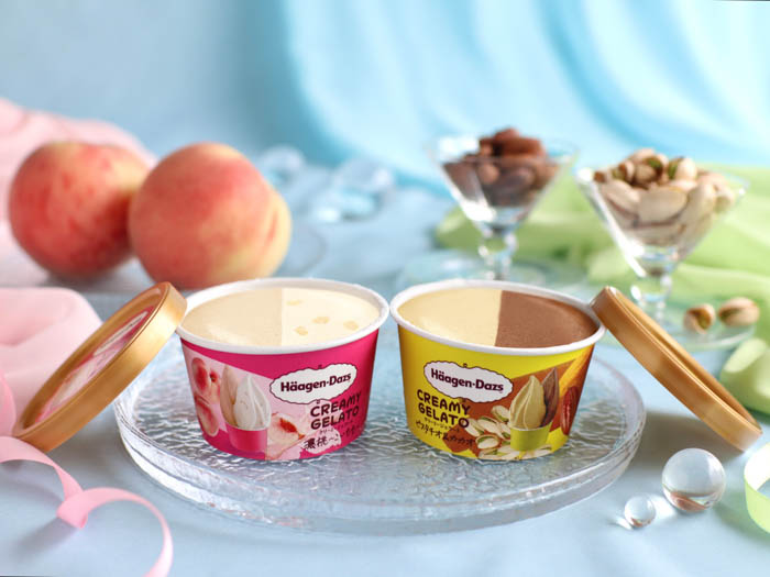 夏のハーゲンダッツの定番シリーズに新フレーバーが登場！ミニカップ CREAMY GELATO（クリーミー ジェラート）『濃桃～こいもも～』『ピスタチオ＆カカオ』 期間限定新発売！